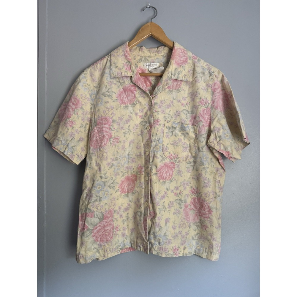 90s linen cotton blend floral spring garden print button-up shirt Womens XL